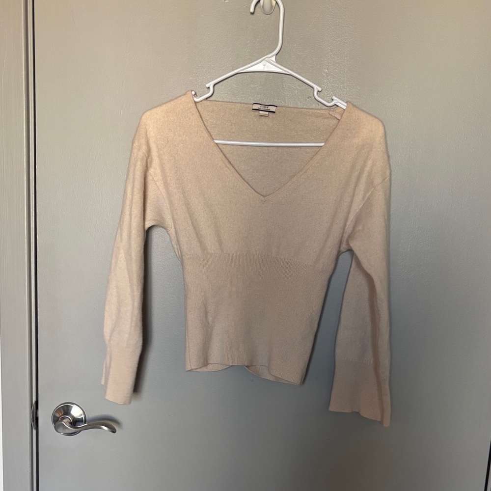 J. Crew 100% Cashmere V-Neck Banded Flare Sleeve Cream Sweater XXS